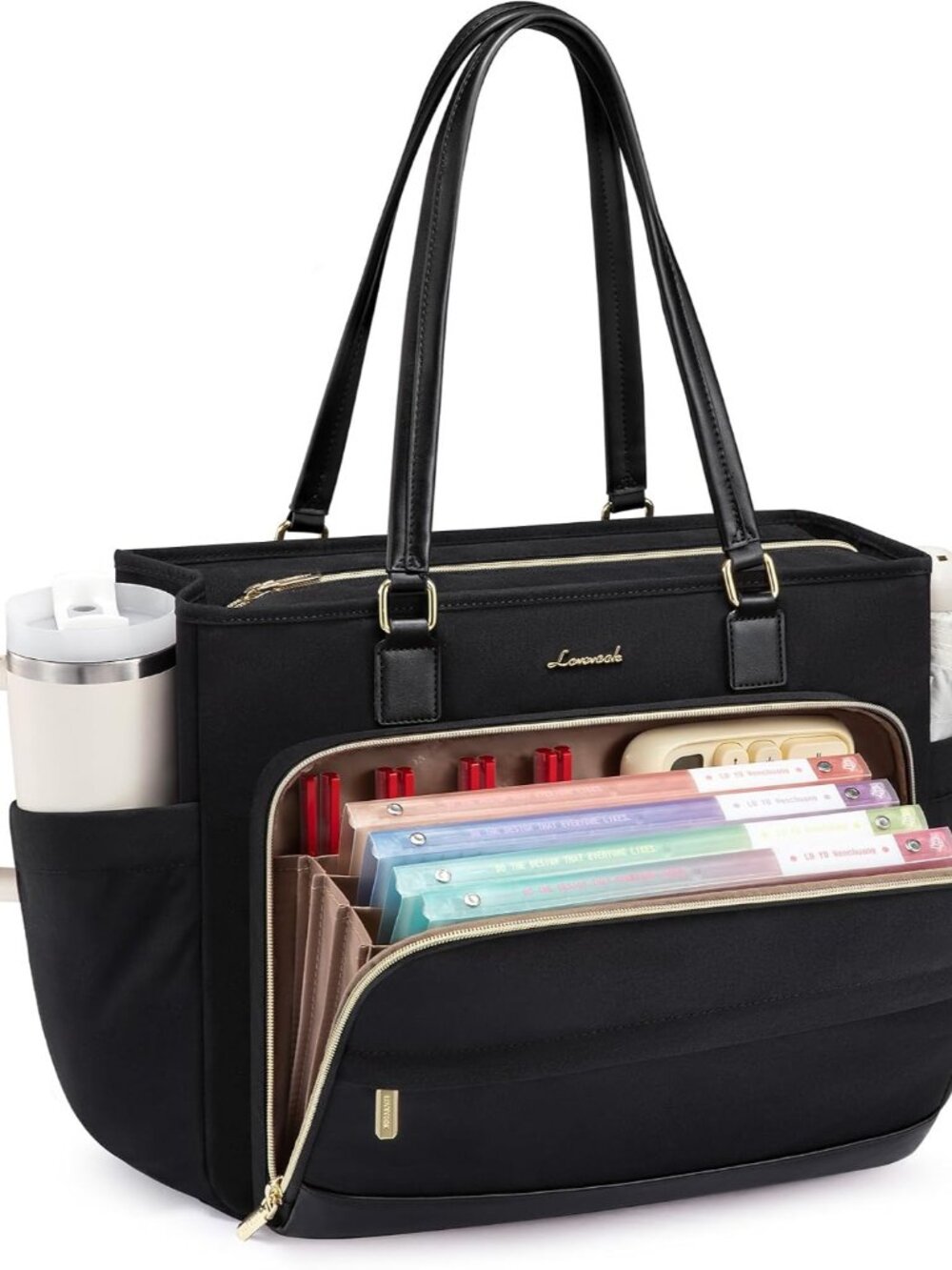 Laptop Bag for Women, Teacher Tote Bag with Large Cup Holder & Accordion File Ar